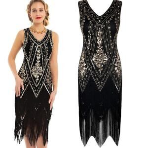 Pretty Guide Fringe Flapper Dress Plus XXL Black Gold Beaded Sequin 1920s Gatsby